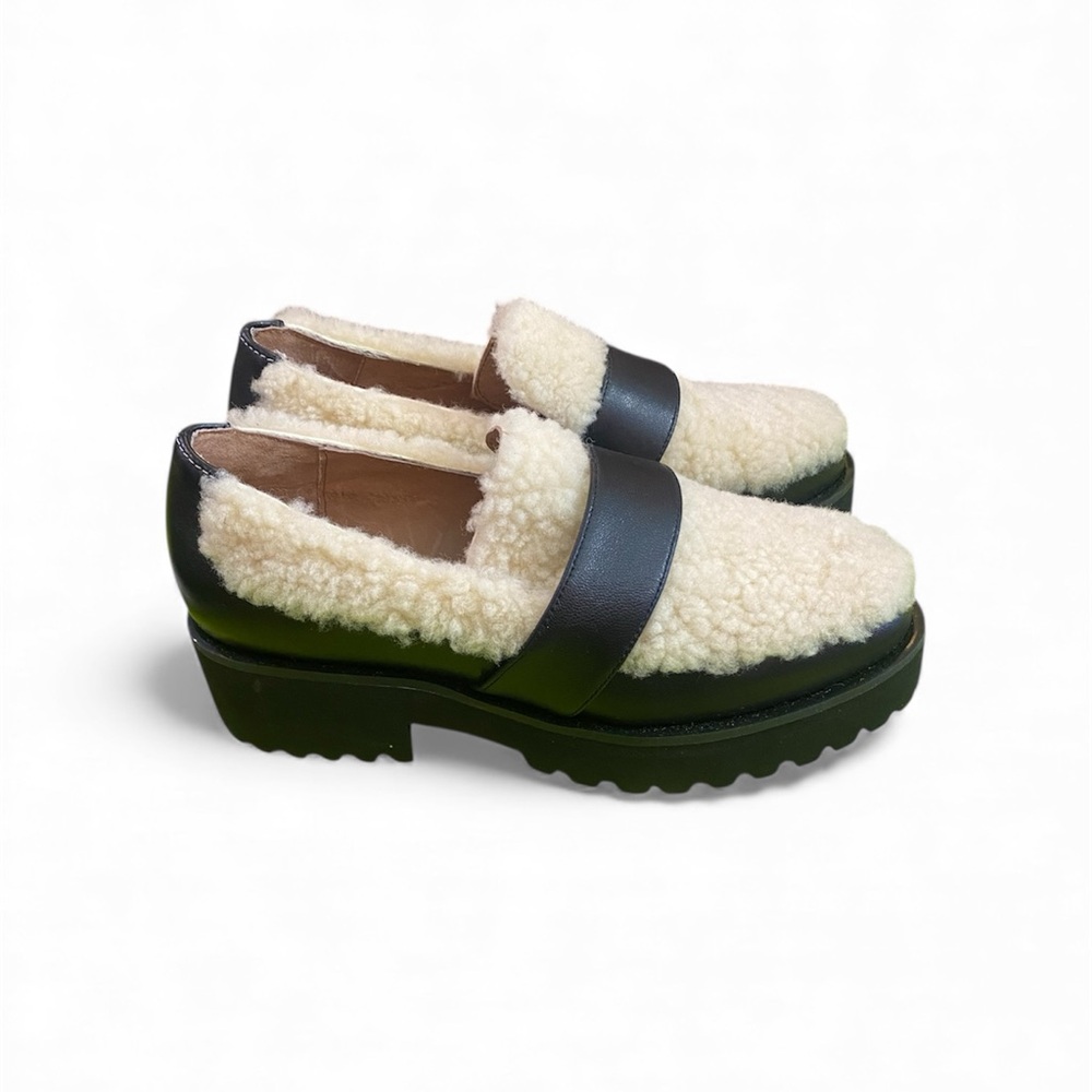 JustFab Black and Cream Fuzzy Loafers